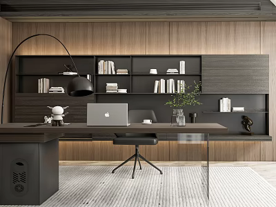 Modern Minimalist Office Interior With Wooden Walls Bookshelves Laptop And Floor Lamp 3d model