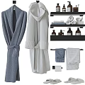 Stylish Bathroom Accessories With Robes Towels Shelves Towel Rack And Toiletries Bottles