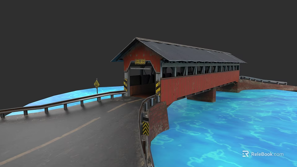 Garden Landscape Featuring Red Covered Bridge Over Blue Water With Road 3d model 