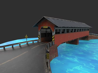 Garden Landscape Featuring Red Covered Bridge Over Blue Water With Road 3d model