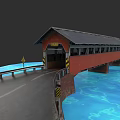 Garden Landscape Featuring Red Covered Bridge Over Blue Water With Road
