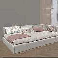 White Kids Bed with Decorative Pillows and Vertical Striped Wall Design 3d model