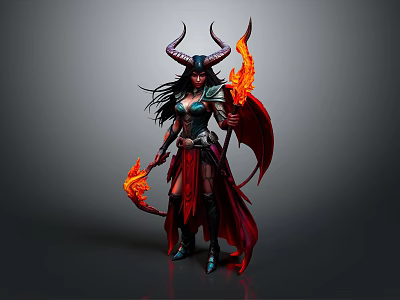 Demonic Fantasy Woman with Horns Flaming Wings and Fiery Weapon in Dark Outfit 3d model