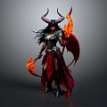 Demonic Fantasy Woman with Horns Flaming Wings and Fiery Weapon in Dark Outfit