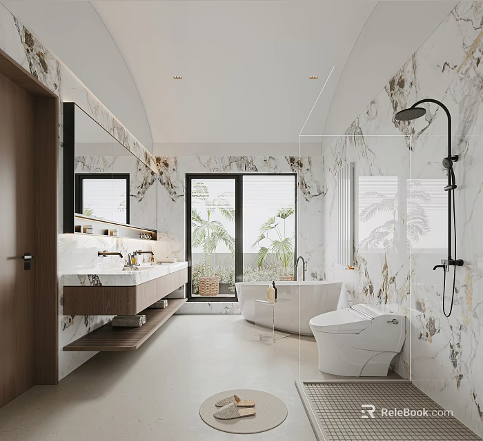 Modern Bathroom Design With Marble Walls Double Sink Vanity Bathtub Smart Toilet And Showerhead 3d model 