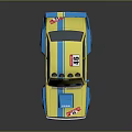 Cartoon Style Yellow And Blue Race Car With Roof Lights Big Eyes And Number 46