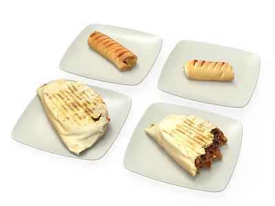 Assorted Grilled Wraps and Pastry Rolls on Four White Plates 3d model
