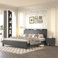 Elegant Double Bed with Black Headboard Floral Wallpaper Wall Art Nightstand and Potted Plant