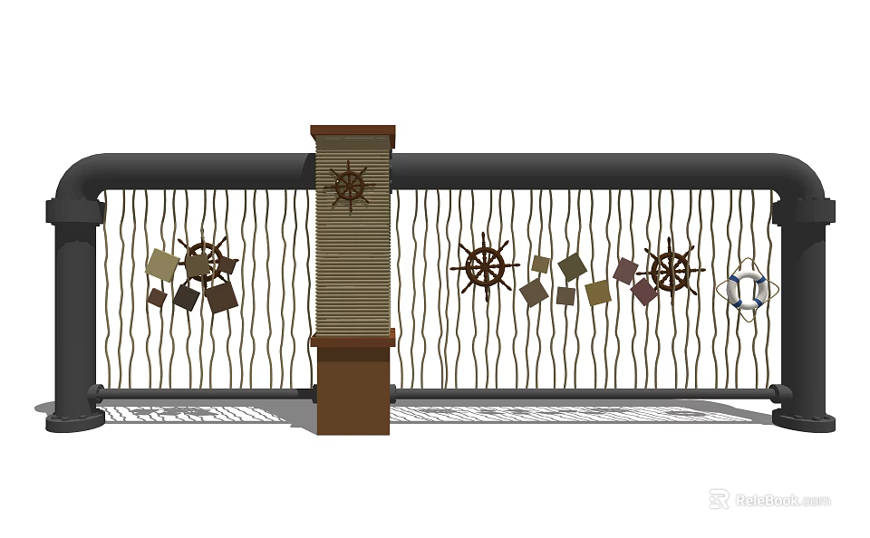 Decorative Metal Room Divider With Central Column Ship Wheels And Square Shapes Design 3d model 