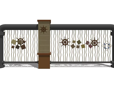 Decorative Metal Room Divider With Central Column Ship Wheels And Square Shapes Design 3d model