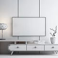 Modern TV Stand with Wooden Wall Backdrop TV Table Lamp Books and Vase