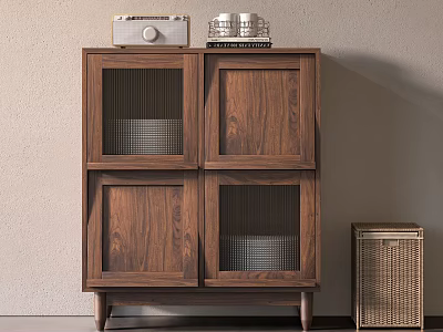 Stylish Entryway Cabinet With Side Cabinet Walnut Wood Grid Doors And Wicker Basket 3d model