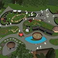 Scenic Garden Landscape Design With Pavilion Pond Playground And Wooden Structures