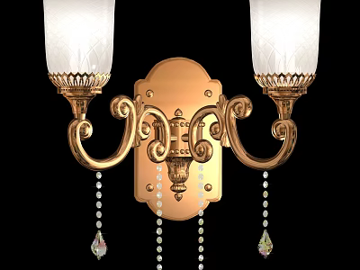 Classic Golden Wall Lamp With Two Textured White Lampshades Ornate Design And Hanging Beads 3d model