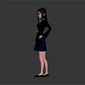 Woman In Black One Shoulder Dress With Belt And Black Shoes On Gray Background