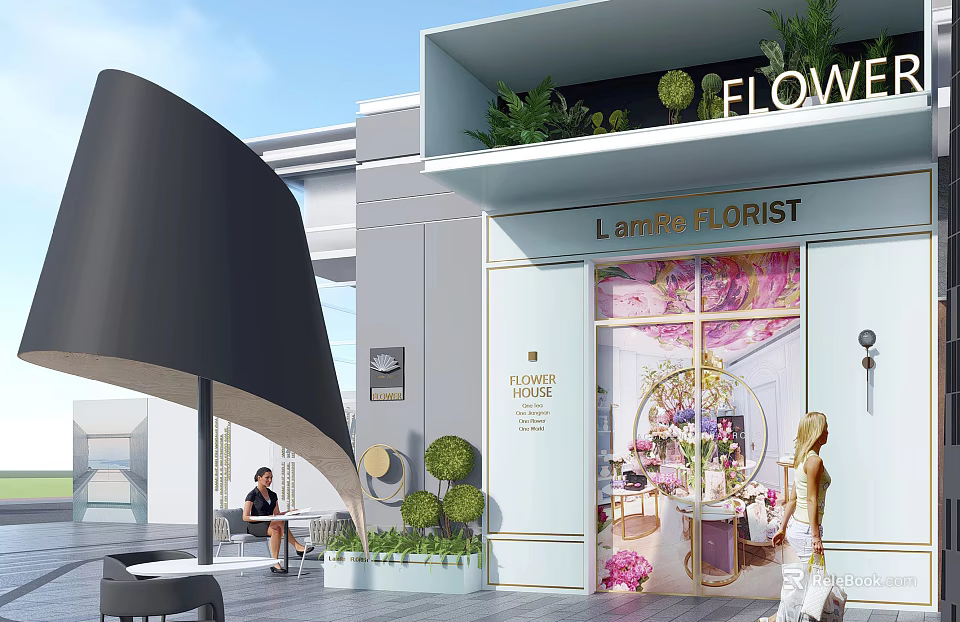 Elegant L'amie Florist Storefront Design With Glass Windows Flower Displays And Green Plants 3d model 