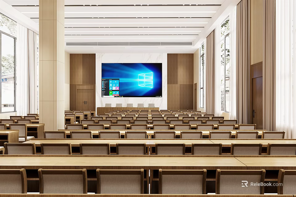 Spacious Conference Room with Large Screen Display Neatly Arranged Seats and Wooden Decor 3d model 