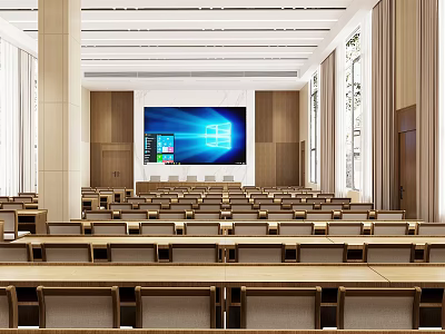 Spacious Conference Room with Large Screen Display Neatly Arranged Seats and Wooden Decor 3d model