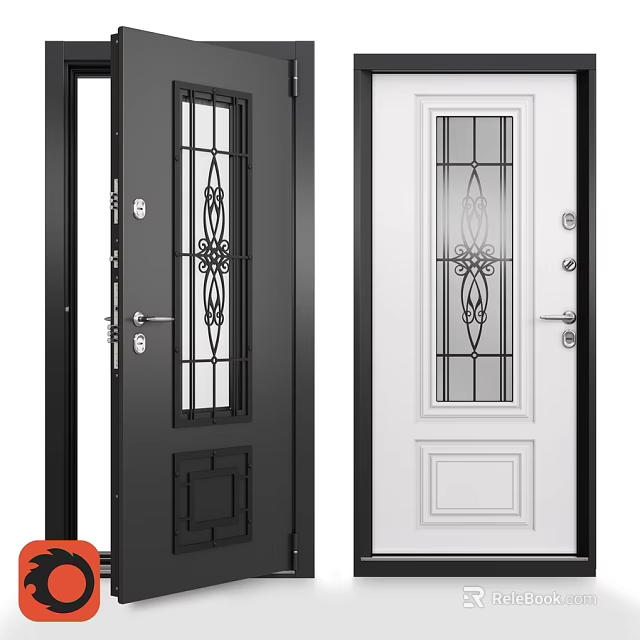Modern Black And White Swing Doors With Decorative Glass And Classic Patterns 3d model 