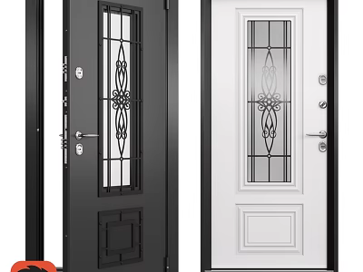Modern Black And White Swing Doors With Decorative Glass And Classic Patterns 3d model