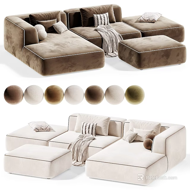 Modern Sectional Sofa With Multiple Color Options Pillows Blanket And Ottoman 3d model 