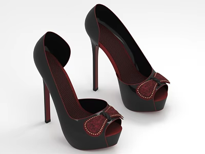 Elegant Black Peep Toe Stiletto Heels With Maroon Mesh Lining And Decorative Bow 3d model