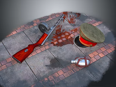 Red Rifle Military Cap Bloodstain And Silver Flask On Brick Pavement 3d model