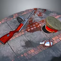 Red Rifle Military Cap Bloodstain And Silver Flask On Brick Pavement