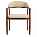 Modern Walnut Wooden Dining Chair With Beige Upholstered Seat Backrest And Armrests