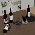 Wine Bottles And Glasses On Brown Wooden Table With Grapes Decanter And Decorative Paintings