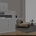 Modern Office Interior With White Bookcase Green Handles Beige Chair And Gray Rug