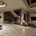 Luxurious Living And Dining Room Interior With Marble Floor Chandelier And TV Wall