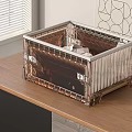 Transparent Storage Basket with Metal Frame on Wooden Desk Geometric Wall Decor and Window Blinds
