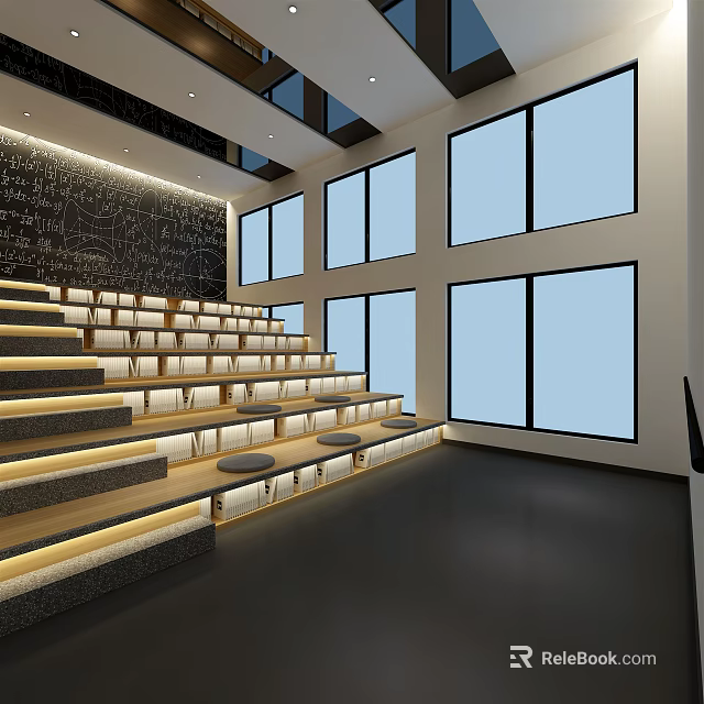 Modern Conference Room With Stepped Seating Large Windows And Blackboard Wall 3d model
