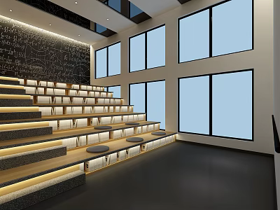 Modern Conference Room With Stepped Seating Large Windows And Blackboard Wall 3d model