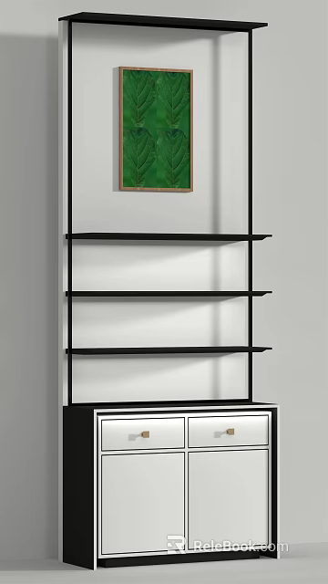 Modern Black Display Shelf with Multiple Layers and White Wall Green Painting 3d model 