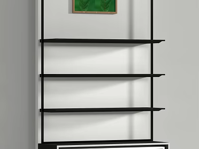 Modern Black Display Shelf with Multiple Layers and White Wall Green Painting 3d model