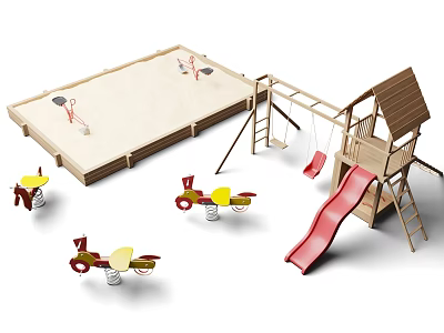 Outdoor Playground Equipment With Wooden Sandpit Swings Slide And Rocking Motorcycles 3d model