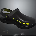 Shiny Dark Clogs With Yellow Perforations Gray Strap Black Sole And Green Inner 3d model