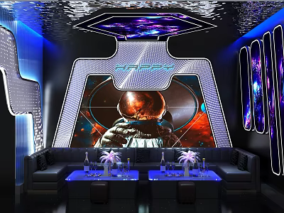Modern KTV Interior Design With Neon Lights Space Theme And Comfortable Seating 3d model