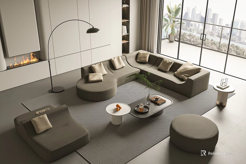 Modern Gray Modular Sofa And Coffee Table Set With Round Ottoman And City View 3d model 