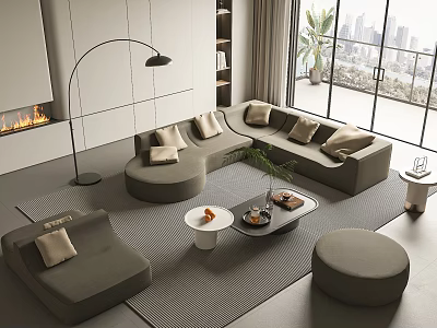 Modern Gray Modular Sofa And Coffee Table Set With Round Ottoman And City View 3d model