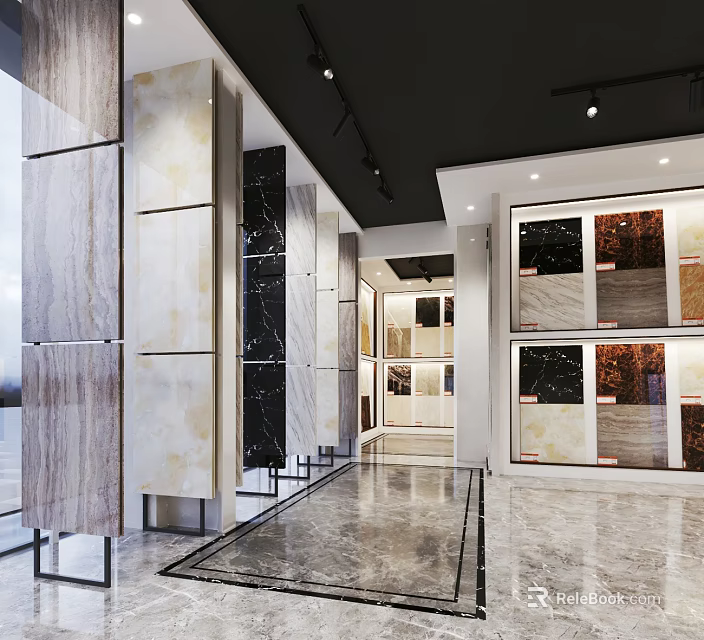 Tile Specialty Store Showcasing Various Marble Ceramic Samples And Display Walls 3d model
