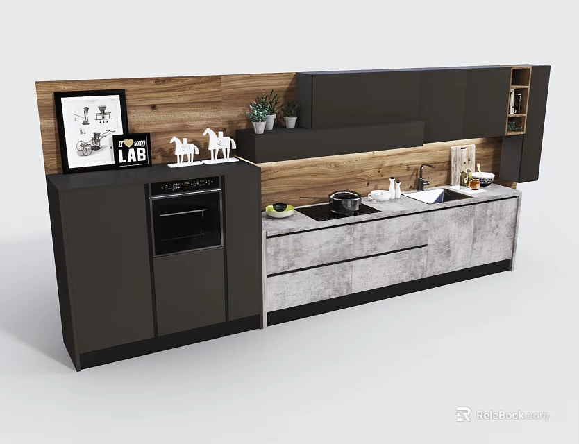 Modern Kitchen With Black Gray Cabinets Wooden Backdrop Sink And Appliances 3d model 