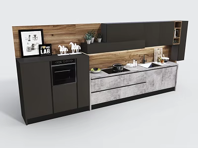 Modern Kitchen With Black Gray Cabinets Wooden Backdrop Sink And Appliances 3d model