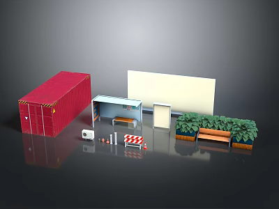 Outdoor Exhibition Scene Components Red Container White Display Board Green Plants And Bench 3d model