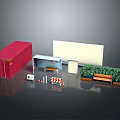 Outdoor Exhibition Scene Components Red Container White Display Board Green Plants And Bench
