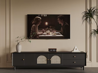 Living Room Black TV Console With Vase Clock Decor And Wall Art Of Dining Scene 3d model