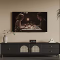Living Room Black TV Console With Vase Clock Decor And Wall Art Of Dining Scene