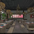 Spacious Hotpot Restaurant Interior With Wooden Tables Wicker Pendant Lights And Green Plants